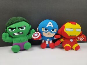 Ty Beanie Marvel Super Heroes Plush Iron Man/Hulk/Captain America LOT Of 3 EUC 