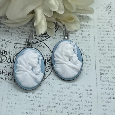 Pendientes Camafeo Plata María Jesucristo Iglesia Cumpleaños Aniversario Regalo Francés Foto 1 de 4