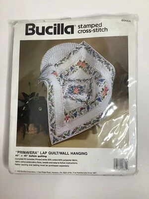 Vintage Bucilla Primavera Stamped Cross Stitch Lap Quilt Wall Hanging Kit 1992 - Image 1 of 3