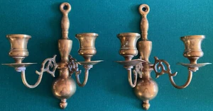 ORIGINAL~~VINTAGE~~SOLID BRASS DOUBLE CANDLE SCONCES~~PAIR~~9 1/8"TALL~~HANDSOME - Picture 1 of 3
