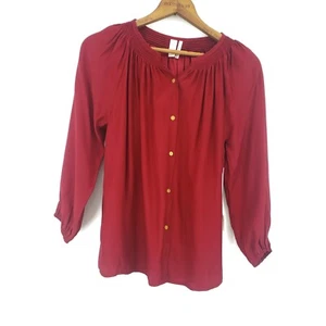 New Line & Dot Peasant Blouse Womens Small Red Wine Silk Smocked Top - Picture 1 of 4