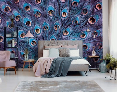 PEACOCK FEATHERS wallpaper animal purple bedroom wall mural giant size 368x254cm - Image 1 of 4
