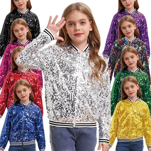 Kids Girls Coat Sequin Baseball Jackets Striped Trim Outerwear Sparkly Stylish - Picture 1 of 123