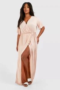 BOOHOO PLUS Blush Maxi DRESS Size Aus 18 NWT Angel Sleeve Split Boho Resort - Imagen 1 de 8