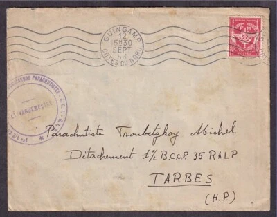 FRANCE #M11 MILITARY MAIL PARACHUTE COVER FROM GUINCAMP TO TARBES 1953 - Image 1 of 2