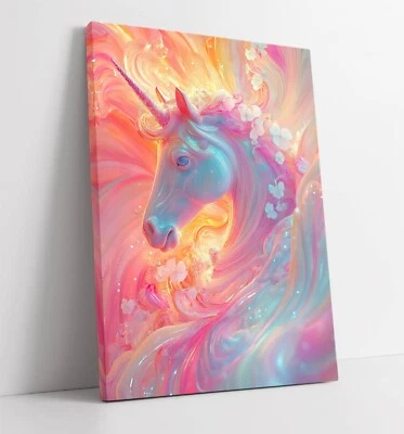 PASTEL MULTI COLOUR UNICORN BEDROOM DECOR FRAMED CANVAS WALL ART PICTURE PRINT - Image 1 of 2