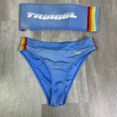 Triangl Skalia Biker Retro Rainbow Varsity Stripe Bandeau Bikini Swimsuit Small - Image 1 of 4