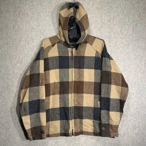 WOOLRICH MEN’S BROWN PLAID WOOL JACKET COAT SZ LARGE TAN HOOD HOODED ZIPPER - Picture 1 of 17