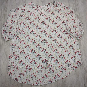 Bird Keepers Floral Blouse Size 16 White Puff Sleeve Relaxed Lightweight Cotton - Picture 1 of 7