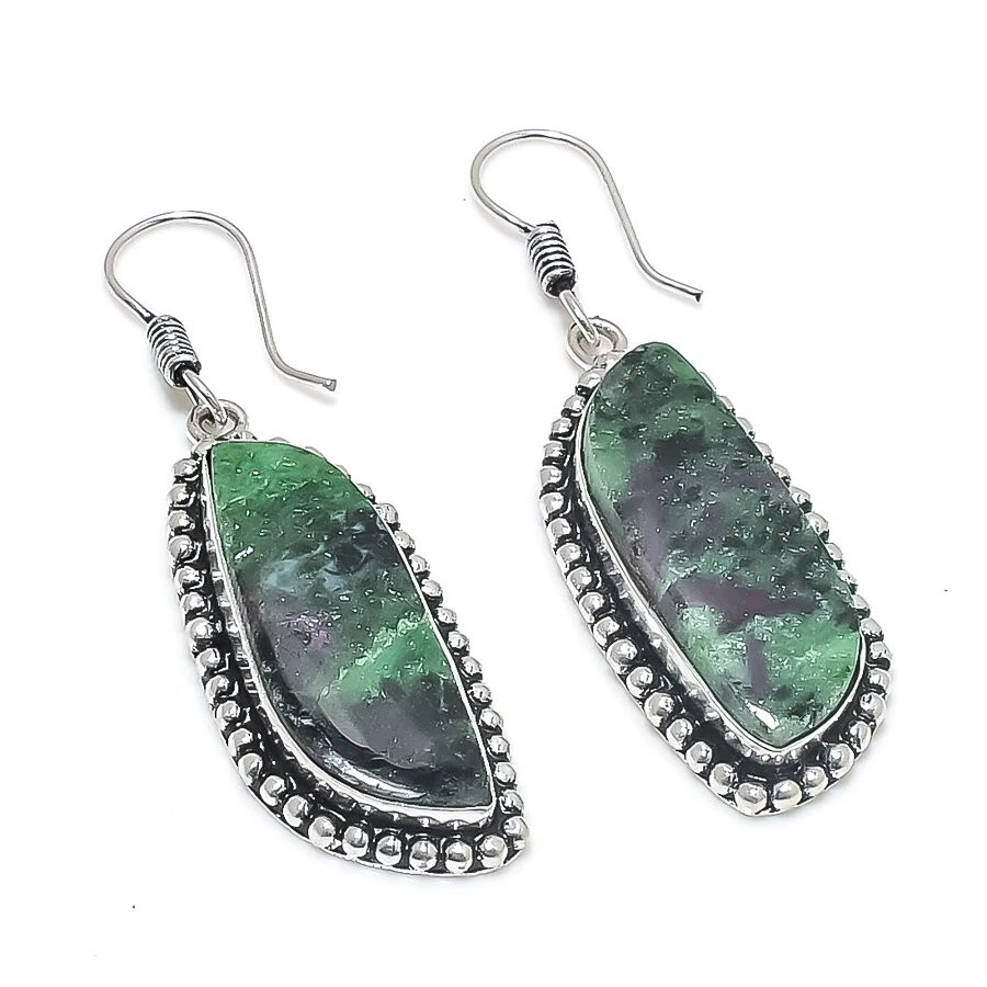 Ruby Zoisite Gemstone Handmade 925 Sterling silver Earring Size 2'' - Image 1 of 1