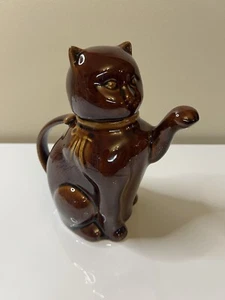 Vintage Kitten Cat Teapot Brown Glazed Pottery Bow - Picture 1 of 9