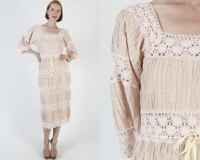 Vrtg Mexican Bell Sleeve Pintuck Dress Wedding Crochet Lace Sheer Fiesta Gown - Image 1 of 4