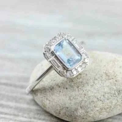 1.88 Ct Natural Aquamarine & Diamond Engagement Bridal Ring 14K Solid White Gold - Image 1 of 4
