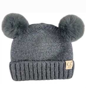 C.C Kids Gray Knit Beanie With Dual Pom-Poms & Ribbed Cuff Acrylic/Nylon Blend - Picture 1 of 8