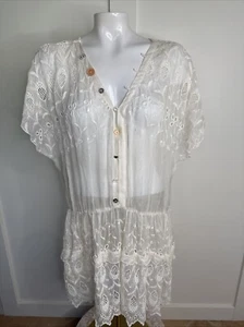 Johnny Was 4 Love And Liberty XL Ivory Eyelet V-Neck Layered Ruffle Dress Cotton - Picture 1 of 7