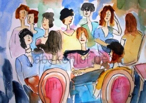 Bunte Frauenrunde – DIN A4 Aquarell-Druck | Farbenfrohe Kunst für gute Laune - Bild 1 von 6