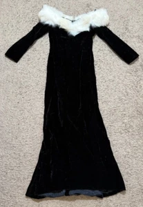 Vintage Victor Costa Black Women's Velvet Dress White Fur Collar Size 10 - Picture 1 of 11