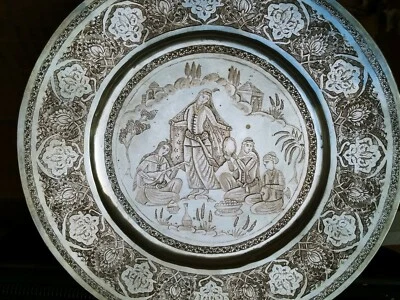 EXPOSICIÓN DE ARTE PERShIAN, BANDEJA REDONDA ANTIGUA PLATA MACIZA PLATO PICTÓRICO Foto 1 de 4