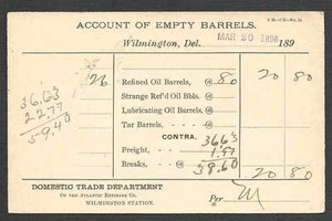 DATED 1896 PC WASHINGTON DE ATLANTIC REFINING CO EMPTY OIL BARRELS REPORT - Picture 1 of 1