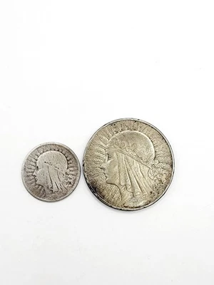 1932 Polonia 10 Zlotych 2 Queen Jadwiga Eagle moneda de plata polaca rara 1933 conjunto Foto 1 de 4