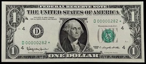 1963 $1 Federal Reserve Note, STAR NOTE w/3 DIGIT LOW serial #! CU! D00000282*! - Picture 1 of 4