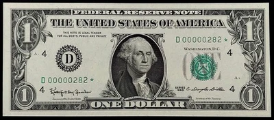 1963 $1 Federal Reserve Note, STAR NOTE w/3 DIGIT LOW serial #! CU! D00000282*! - Image 1 of 4