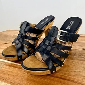 Sandalias Michael Kors de cuero negro con plataforma de madera con tacón de cuña para mujer talla 8,5 - Imagen 1 de 7