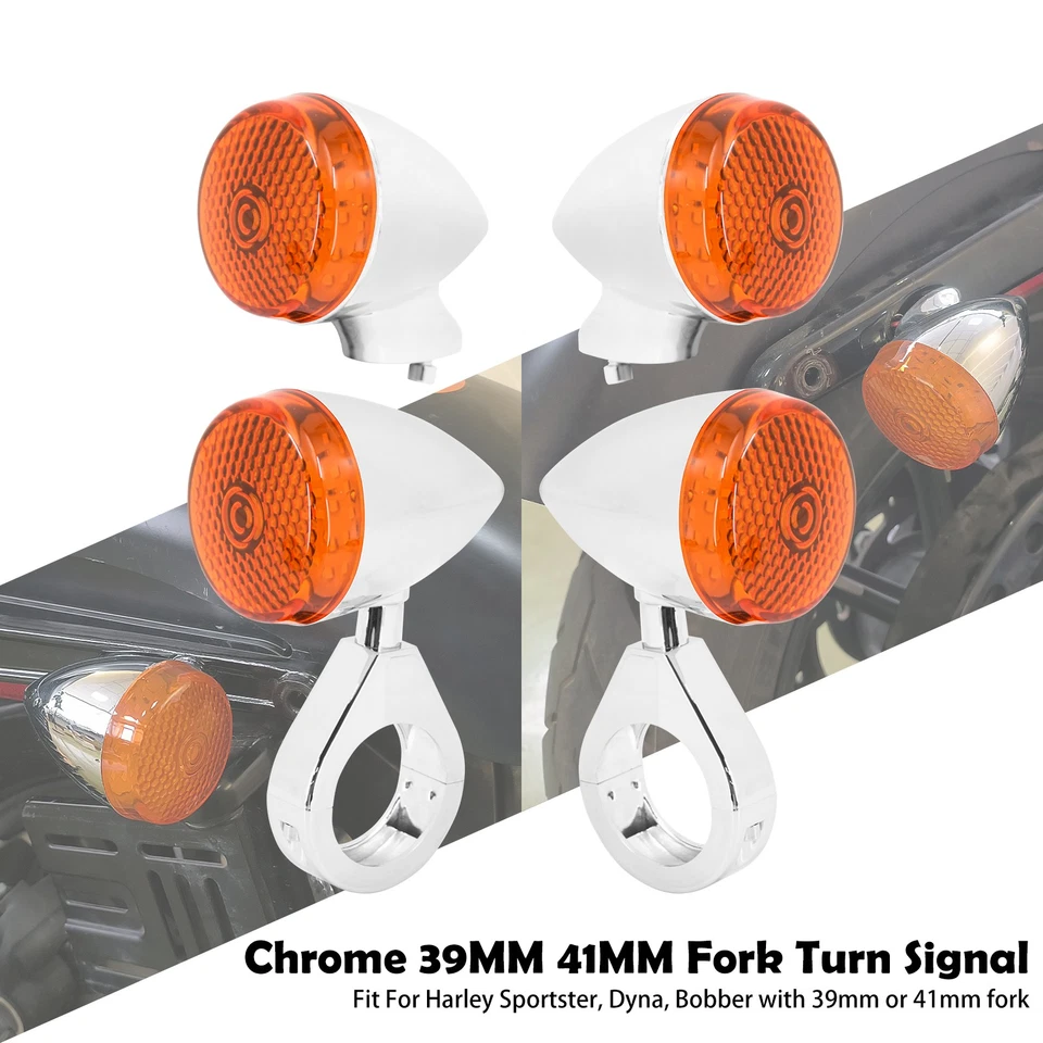 Chrome 4x Front Rear LED Turn Signal Light 39mm 41mm Fork w/ Amber Lens For Dyna - Image 1 of 4