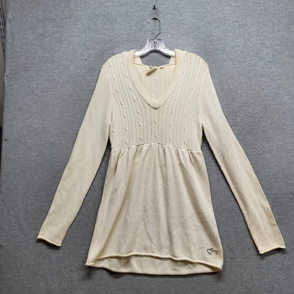 Suéter Pullover Roxy Mujer XL Crema Túnica Tejido con Cable Logotipo Con Capucha LEER Foto 1 de 4
