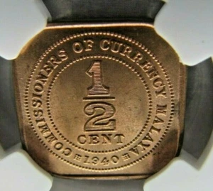 Malaya KM1 Half Cent 1940 NGC MS 65 RB. Much original red. - Picture 1 of 3