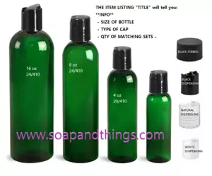 4 oz GREEN Bullet Plastic Bottle -PET- 12 bottles & BLACK RIBBED Lids FREE SHIP - Picture 1 of 2