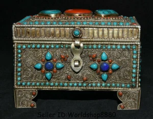 6" Tibet Tibetan Silver Filigree Inlay Turquoise Gem Jewelry box Storage Box - Picture 1 of 12