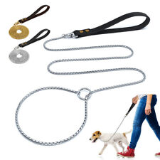 Snake Chain Choke Collar Slip Leash with Leather Handle Pet Training Lead Gold