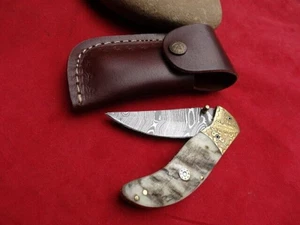 Antler Horn /BRASS_ DAMASCUS STEEL Folding Pocket Knives,Bush Hunting Knife - Picture 1 of 19