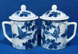 Lot Of 2 ~ Stoneware Mugs with LidsBlue Delft-Color Butterflies ~ EC!! - Picture 1 of 10