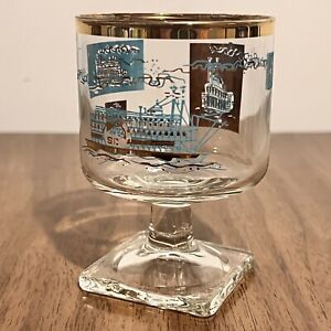 1968 Libbey Southern Comfort Steamboat Footed Stemware Glass Gold & Turquoise