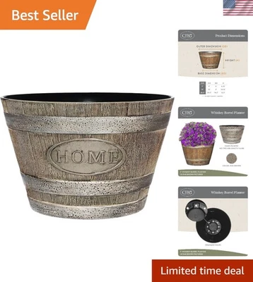 室内和室外威士忌桶种植器 - 15 英寸树脂花盆带排水 — 第 1/4 张图片