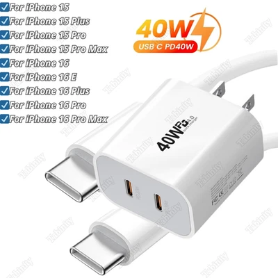 40W Fast Charger Block Power Adapter USB-C Type C Cable For iPhone 15 16 Samsung - Image 1 of 4