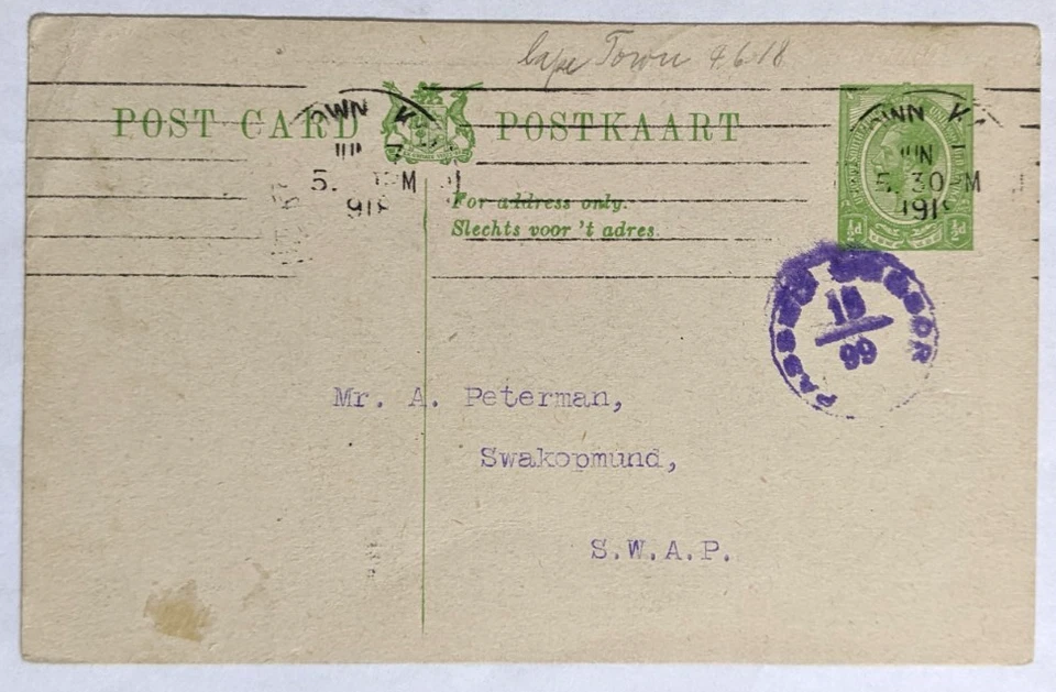 Cape Town, SA--A. Peterman, Swakopmund, S.W.A. Protectorate/CENS./1/2-p PSC/1918 - Image 1 of 2