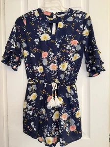 Smükke Girls Navy Floral Ruffle Sleeve Romper Size 10 Lined Belted Summer Outfit - Picture 1 of 5