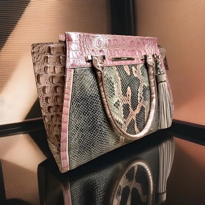 BOLSO DE MANO BRAHMIN PRISCILLA SANDSHELL PACHANGA ROSA VERDE SERPIENTE CUERO Foto 1 de 4