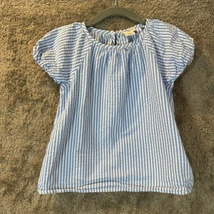 Crewcuts Blue White Seersucker Stripe Top Blouse Puff Sleeve Girls 4 4T 5 5T - Picture 1 of 9