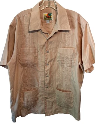 Genuine Haband Guayabera Shirt Mens Large 4 Pocket Embroidered Snap Front Pink - Image 1 of 4