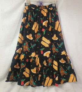 Vintage 80s Tiered Maxi Skirt Black Stretch Waist Flowy Western Rodeo Cowgirl - Picture 1 of 8