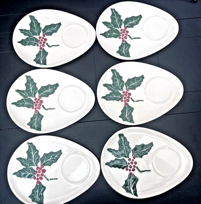 Vtg Kay Finch California Pottery Christmas Holly Berry Snack Plates Set of 6 - Image 1 of 4