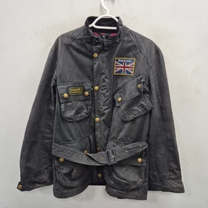 Barbour Union Jack Suit Wax Waterproof Country Black Belted Coat Jacket Medium - Picture 1 of 11