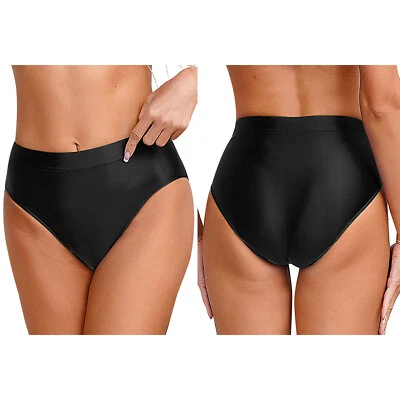 Women Shiny Satin Glossy High Waist Open Crotch Knickers Brief Underwear Panties - Image 1 of 4