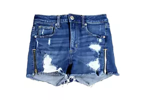 American Eagle Sz 4 Super Hi Rise Shortie Stretch Destroyed Zippers Only You - Picture 1 of 2