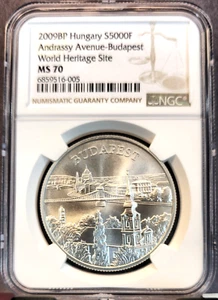 2009 HUNGARY SILVER 5000 FORINT WORLD HERITAGE SITE BUDAPEST NGC MS 70 RARE - Picture 1 of 3