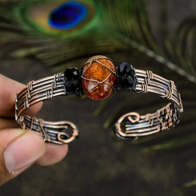 Brazalete ajustable de alambre de cobre hecho a mano con piedras preciosas de ámbar báltico G697 Foto 1 de 4